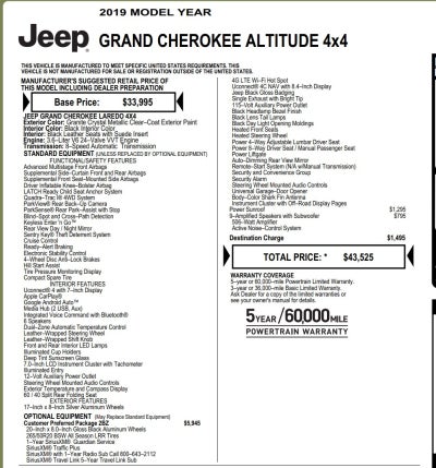 2019 Jeep Grand Cherokee Altitude 2 Owner Nav Back Up Camera Roof Leather Seats Loaded