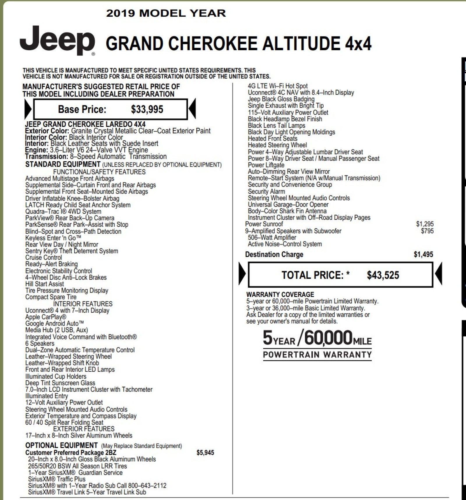 2019 Jeep Grand Cherokee Altitude 2 Owner Nav Back Up Camera Roof Leather Seats Loaded