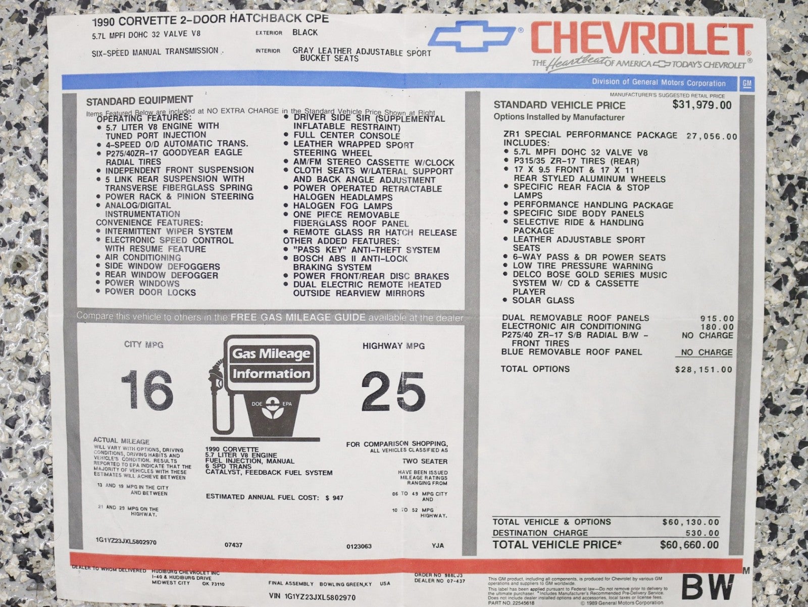 1990 Chevrolet Corvette ZR1 Wow Time Capsule 11K Original Miles Window Sticker Cassette