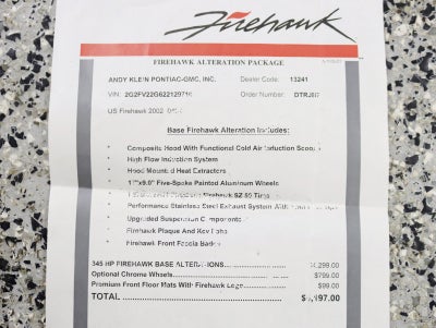 2002 Pontiac Firebird Trans Am Rare 1 Owner Firehawk Auto T Tops Leather Fully Loaded