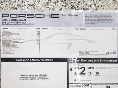 2022 Porsche 718 Cayman S 1 Owner PDK Premium Pkg Sport Chrono Pkg Sport Seats Loaded