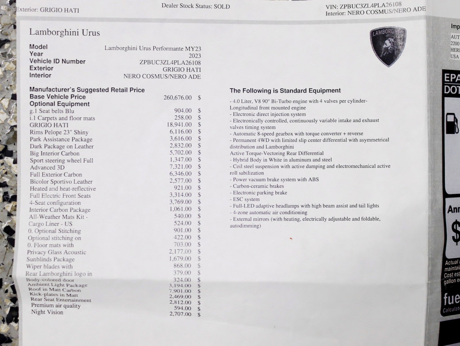 2023 Lamborghini Urus Full PPF/Performante Carbon Interior/Exterior Pkg Rear TV's Night Vision 4-Place Seat B&O Sound